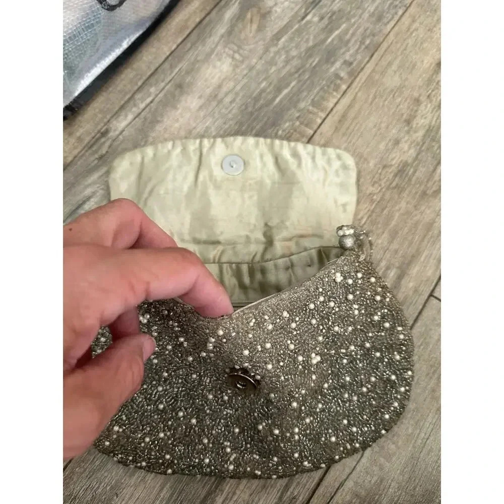 VIntage Round MAGID Silver gold Beaded w/ Strap Snap Closure Evening Bag - Picture 3 of 3